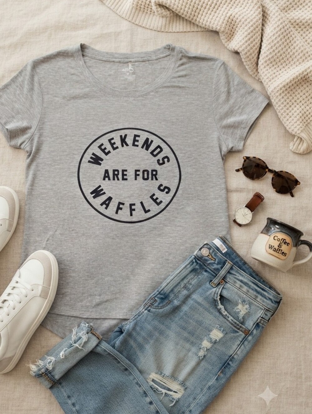 belle sky Gray 'Weekends Are For Waffles' Short Sleeve Tee